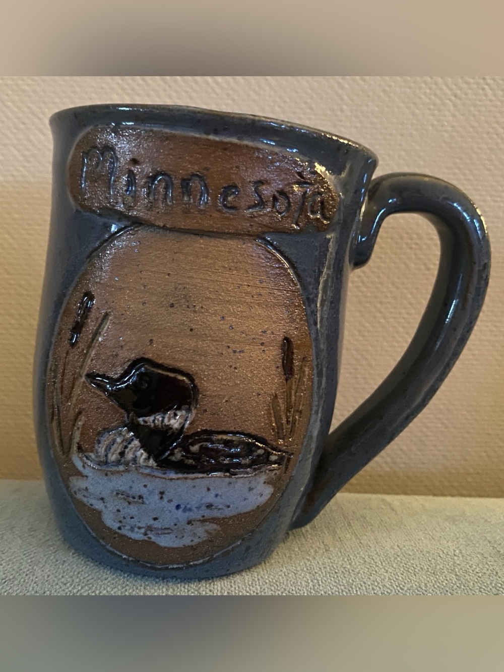 VTG 1989 Signed BEST Stoneware Minnesota Coffee Mug Handmade Pottery Loon Cup